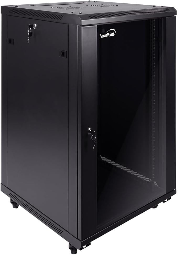 NavePoint 18U Server Cabinet Wall Mount Rack Enclosure with Caster Wheels, 2 Fans, Locking Glass Door, Removable Side Panels – 18U Network Cabinet 23.6” Deep, 19” Server Rack for IT Equipment