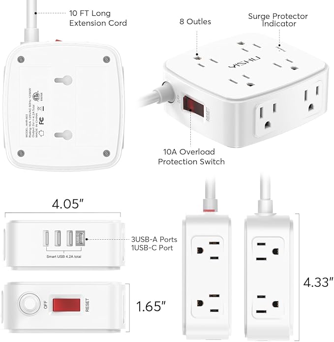 10 Ft Surge Protector Power Strip - YISHU 3 Side Outlet Extender with 8 Widely AC Outlets and 4 USB Ports, 10 Feet Extension Cord with Flat Plug, Wall Mount Desk USB Charging Station, ETL,White