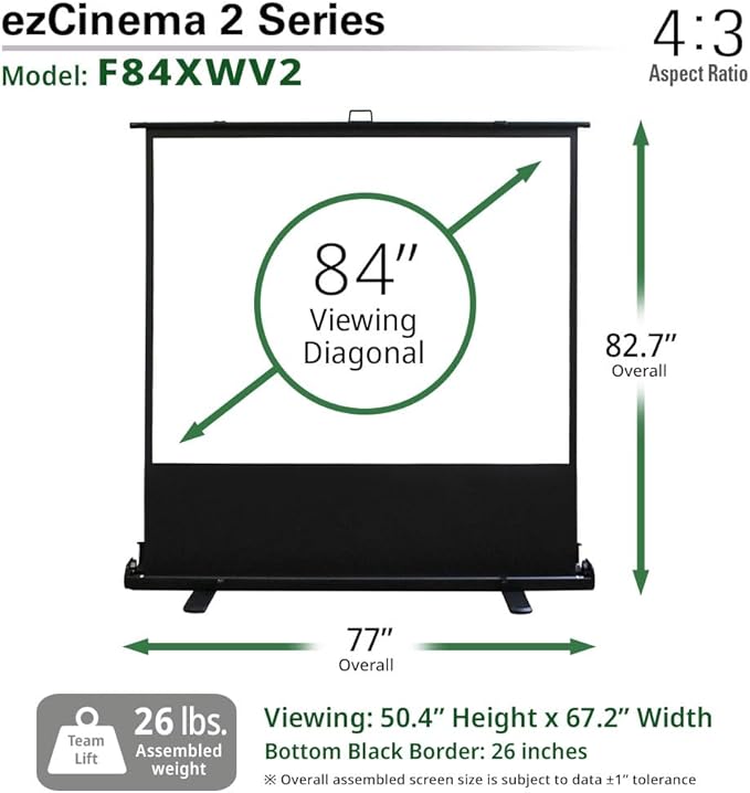 Elite Screens ezCinema 2, Portable Manual Floor Pull Up Scissor Backed Projector Screen, 84-Inch, Home Theater Movie Office Classroom Projection Carrying Bag, US Based Company 2-YEAR WARRANTY, F84XWV2