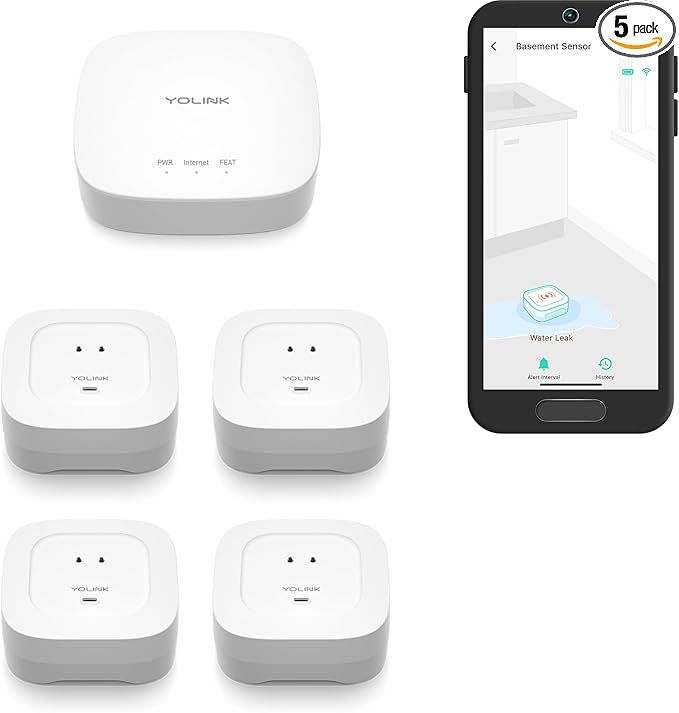 YoLink Water Leak Starter Kit: Hub + 4 Leak Sensor 4 (105 dB Siren), LoRa Long-Range, App/SMS/Email Alerts, D2D Offline, 2 AAA Up to 5-Year Battery, Compatible with Alexa/IFTTT/Home Assistant