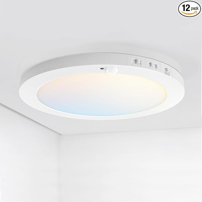 ASD LED 12" Round Flush Mount Ceiling Light Fixture, Low Profile Surface Lighting | 5CCT, Motion Sensored, Ultra-Thin, ETL Listed | 24W 1700LM 2700-6000K 120V | Kitchen, Hallway Lamp | White, 12 Pack