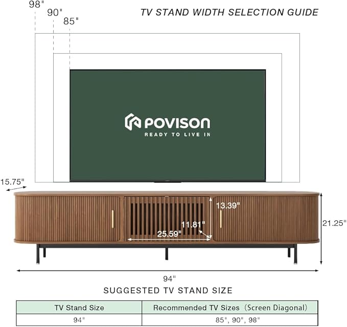 POVISON Sliding Tambour Door TV Stand with LED Lights, Mid Century Modern TV Console, Wood Media Console, Entertainment Center with Storage Cabinet, Fully-Assembled (Walnut, 94.49")