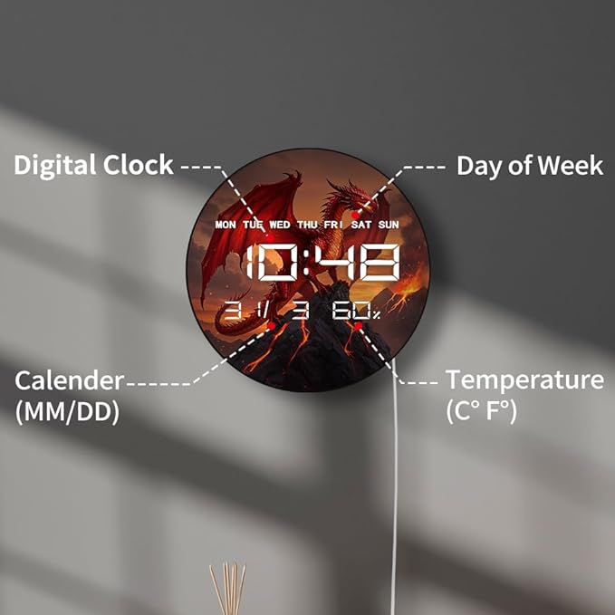 Timethink 12'' Red Fire Dragon Digital Wall Clock LED Display, Fantasy Medieval Gothic Decor Electric Wall Clock with Temperature, 12/24hr, Date, Auto-Brightness, USB Powered for Bedroom Living Room