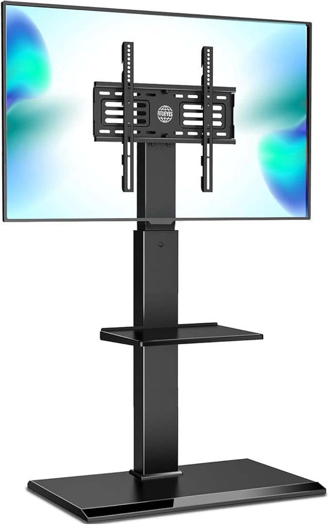 FITUEYES Floor TV Stand with Mount for 32-55 65 Inch TV, Height Adjustable TV Floor Stand with Metal Shelf up to 110 lbs, Swivel Tall TV Stand with Study Iron Base for Living Room, Bedroom