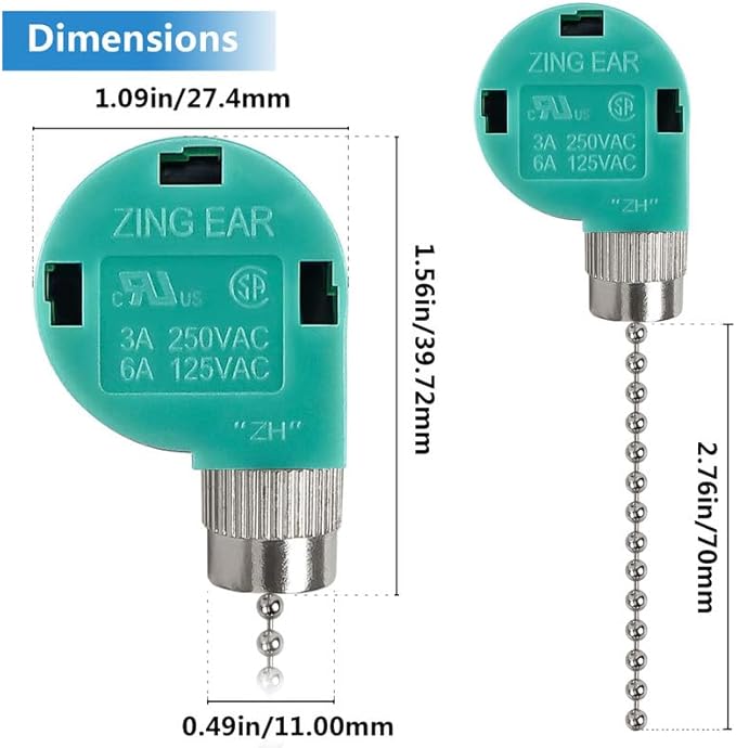 ZE-268S6 Ceiling Fan Switch 3 Speed 4 Wire Pull Chain Switch Control Switch Compatible with Hunter Ceiling Fans, Wall Lamps, Cabinet Light (2 Pack, Nickel)