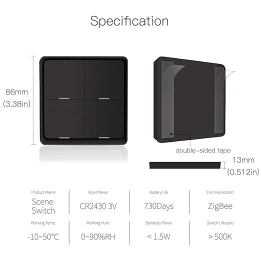 ZigBee Wireless Remote Control Smart Switch Wall Panel Transmitter,Requires MoesGo zigbee Hub,Smart Life/Tuya APP Remote Control, Wireless Button for Smart Home Devices and Scenes Black