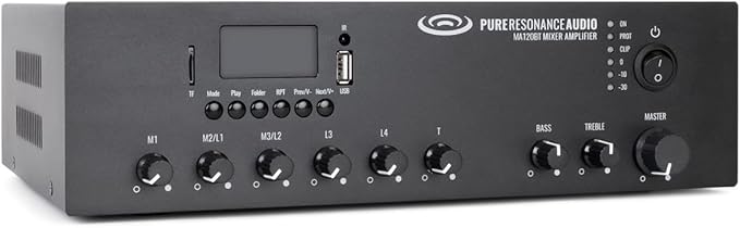 Pure Resonance Audio MA120BT 120W 7-Channel Bluetooth Mixer Amplifier with USB, TF, and Remote Control - XLR, 1/4 TS, RCA Inputs, 70V/100V/4-16 Ohm Output for Commercial Audio Systems