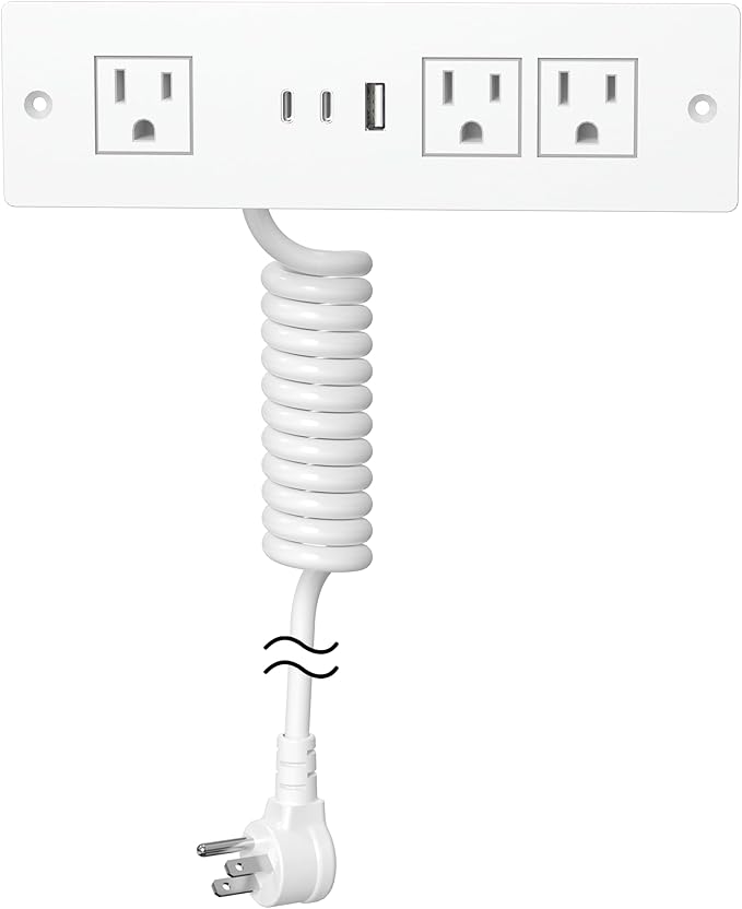 Furniture Drawer Outlet, Recessed Power Strip with (3) PD 20W USB Ports Fast Charging & (3) 15 Amp AC Outlets, (14 AWG) 5 FT White Spring Cord