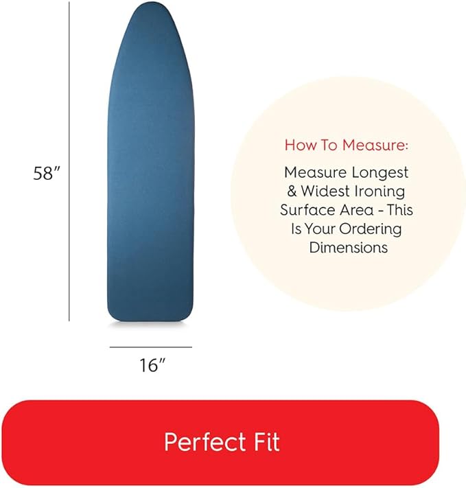 TIVIT Ironing Board Cover 16 x 58, Performance Grade Titanium Coated Pro Grip Pad & Covers - Superior Scorch & Stain Resistance, High Heat Reflection, 3 Padded Layers 3 Fastener Straps - Made In Italy