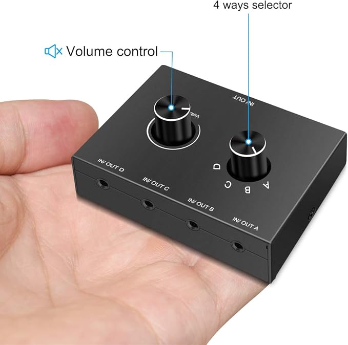 4 Port Audio Switch, 3.5mm Stereo AUX Selector, 4 Input 1 Output / 1 Input 4 Output Splitter, Switcher Box With 4 Channel Switch Knob, No External Power Required