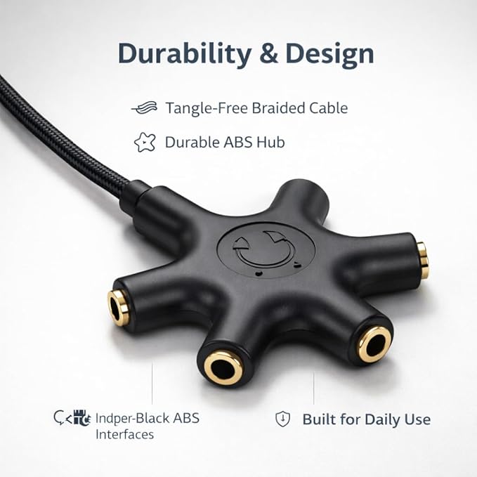 Mizi USB-C Headphone Splitter 5-Way - Type-C to 3.5mm Audio Adapter with 1 Male to 5 Female Ports, Multi-Headphone Aux Splitter for Phone, Tablet, Laptop, PC - Black