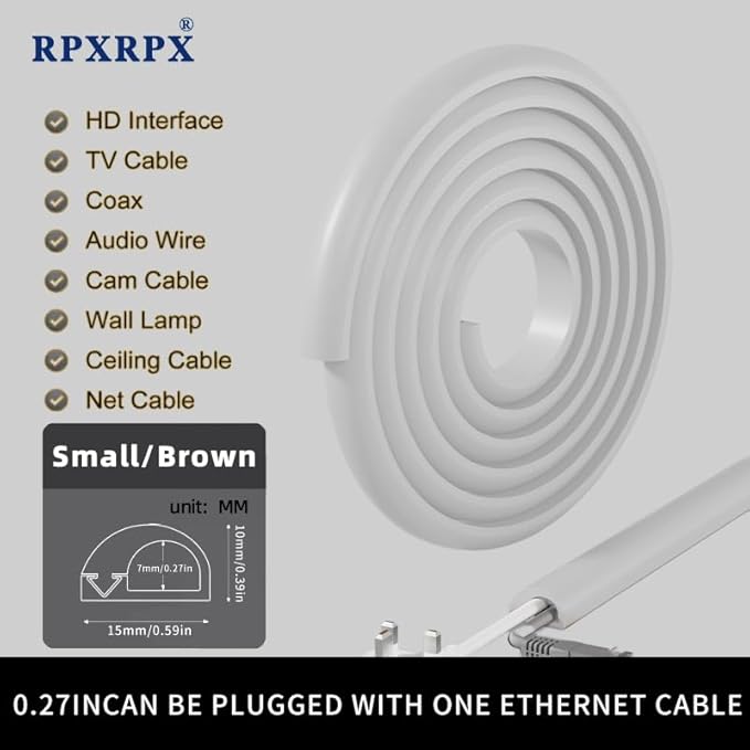 RPXRPXSide Open One Cord Cable Raceway Wire Cover for Cords, Our Cable Track is Best Suited for one Wire (Diameter <0.27"),Wire Raceway Management Cable Concealer Channel (White, 196in)