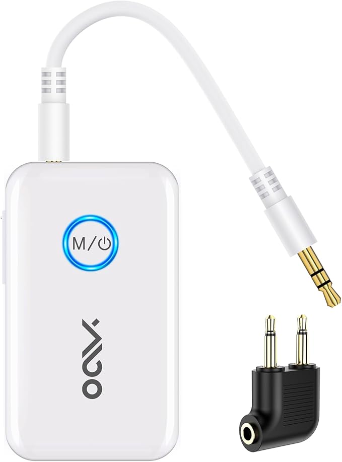YMOO Bluetooth 5.3 Transmitter Receiver for 2 Wireless Headphones/Speaker/Airplane, 3.5mm Jack AUX Bluetooth Audio Adapter, 22h Long Range AptX Low Latency for Smarphone/Tablet/PC/TV/Home Stereo