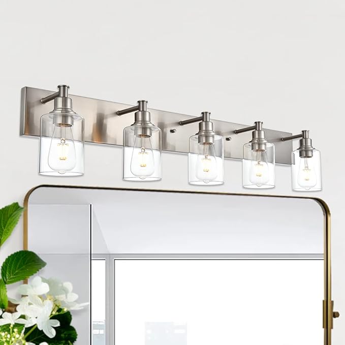 TODOLUZ 5-Light Vanity Light Fixture in Brushed Nickel, Clear Glass Bathroom Light Over Mirror, Modern Wall Sconce Lighting for Living Room