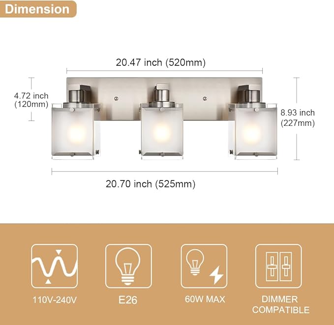 WINSHEN Modern 3-Lights Brushed Nickel Vanity Lights, Bathroom Light Fixture Over Mirror Wall Lighting Sconces with Frosted Glass Shades, E26 Bulb Base