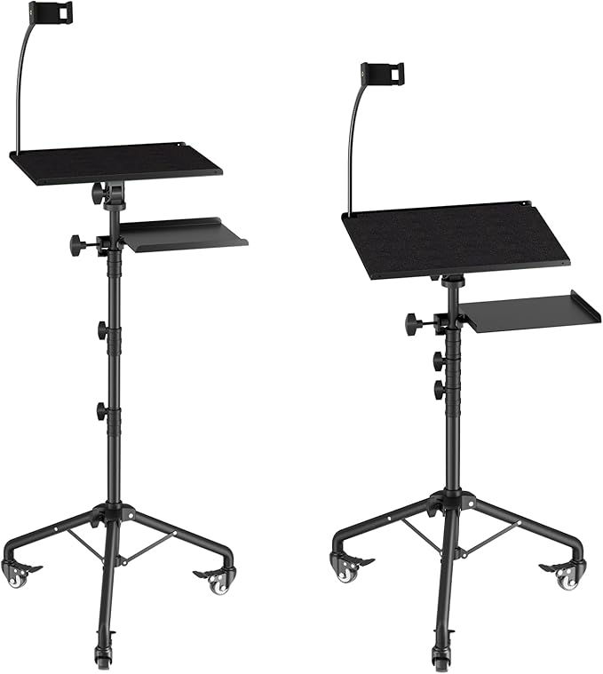 OUKMIC Projector Stand Tripod Laptop Tripod on Wheels with 2 Shelves, Adjustable Height 26 to 49 Inch Portable Podium Stand with Gooseneck Phone Holder for Office, School, Home, DJ Racks