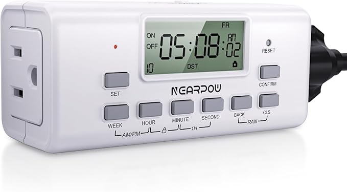 NEARPOW Digital Timer for Lamp with Dual Outlets, Programmable Timer in Door, Outlet Timers for Lights,10 On/Off Programs, 24-Hour and 7-Day Programmable Electric Plug Timers,3 Prong, 15A/1875W