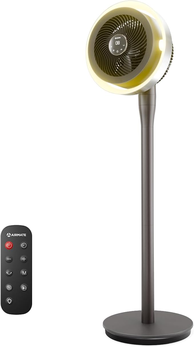 AIRMATE Standing Fan for Bedroom, (60°/90°/120°) Oscillating Fan with Light, Digital Display, (12-43") Adjustable Height, 16 Speeds, 12H Timer, 25dB, 92ft Quiet Pedestal Fan with Remote, DarkGrey