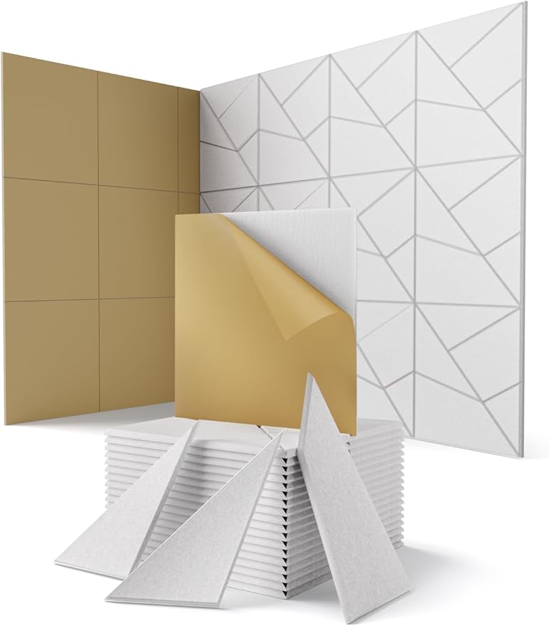 Topnaca 18 Pack Acoustic Wall Panels Sound Absorbing for Recording Studio Acoustical Treatments, White Cut-line Decorative Peel and Stick Sound Reducing Art Ceiling Tiles for Home Office Podcast Room