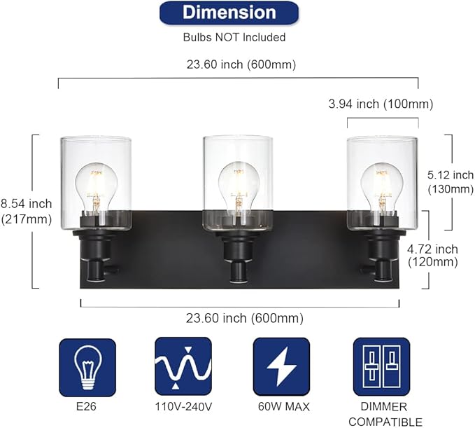 TODOLUZ Industrial Wall Sconce Lighting in Matte Black Finish, 3-Light Bathroom Vanity Light Fixtures with Clear Glass Shades (E26 Bulb Base)