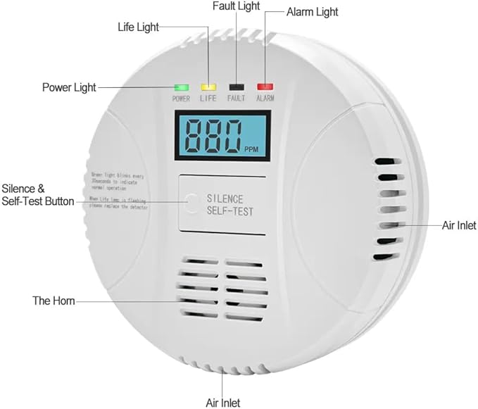 Carbon monoxide detector powered by AA battery (not included), Vzmcov CO monitoring alarm with LCD display screen, used for home basement kitchen, hotel garage, bedroom, living room voice alarm 2 Pack
