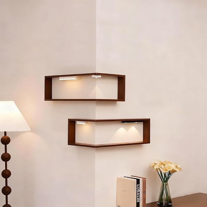 Smart Corner Shelves That Light Up Your Space, Set of 3 Corner Floating Storage Shelves,Wooden Wall-Mounted Corner Shelf Display Rack, Modern Wall-Mounted Display Rack Stand (Includes LED Lights*6)