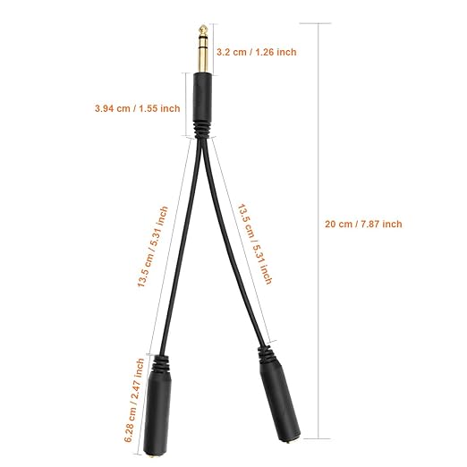 TISINO 6.35mm (1/4 inch) Jack Splitter Cable, 20cm (8 inches), Headphone Splitter Cable, Splitter, Stereo Male to Dual Stereo Female Jack, Compatible with Headphone, Amplifier, Karaoke