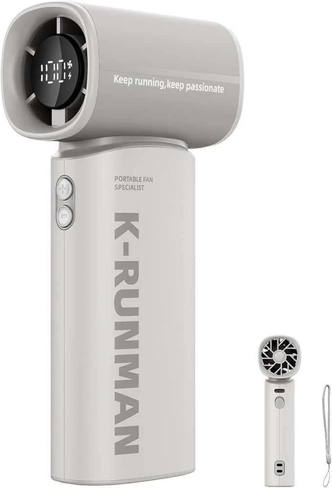 K-RUNMAN Portable Handheld Turbo Fan, 5 Gear Wind, Battery Operated, Up to 12 Working Hours, LED Display with Air Turbo Tech Cooling Fan for Outdoor Activities, Travel, Beach (Gray)