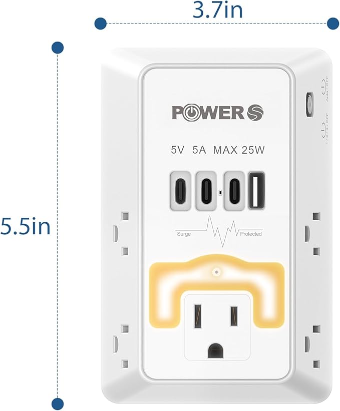 Electrical Outlet Extender with USB Ports (3C1A), Snug Wall Outlet with Night Light, Surge Protector, Wall Plug Adapter for Multiple Devices, Wall Socket Expander
