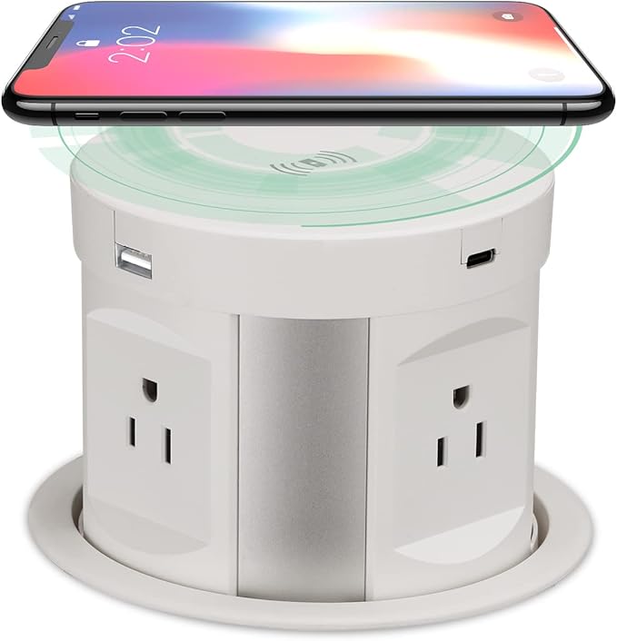 Automatic Pop up Outlet, Wireless Charger Power Strip Surge Protector Recessed Outlet, 4 AC Plug + Type-A and Type-C USB Port Outlets for Countertop Kitchen Island Conference Workbench, ETL Listed