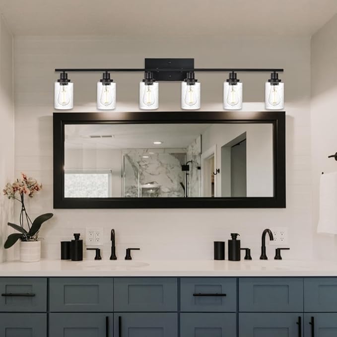 WINSHEN 6-Light Seeded Glass Vanity Light Fixtures in Matte Black Finish, 45.3 Inches Length Modern Bathroom Wall Lighting Over Mirror Wall Mount Lights