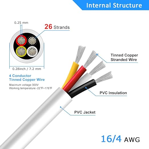 DEKIEVALE 16 Gauge 4 Conductor Electrical Wire, 16.4FT White PVC Stranded Tinned Copper 4 Wire Cable, 16/4 Cord Extension Cable for LED Lamp Lighting, Automotive, Speaker, Power etc.
