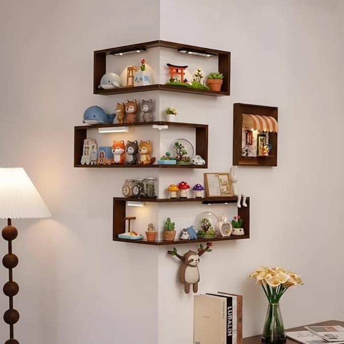 ABOUTYES Illuminated Corner Shelf with Remote, Smart Corner Shelves That Light up Your Space, Corner Shelf Display Rack for Figurines