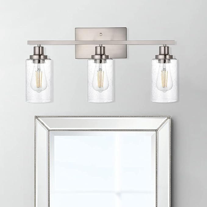 WINSHEN Bathroom Light Fixtures 3-Lights Seeded Glass in Brushed Nickel Finish, 23.6-Inches Vanity Lighting Bath Wall Mount Lamp for Kitchen Living Room Workshop