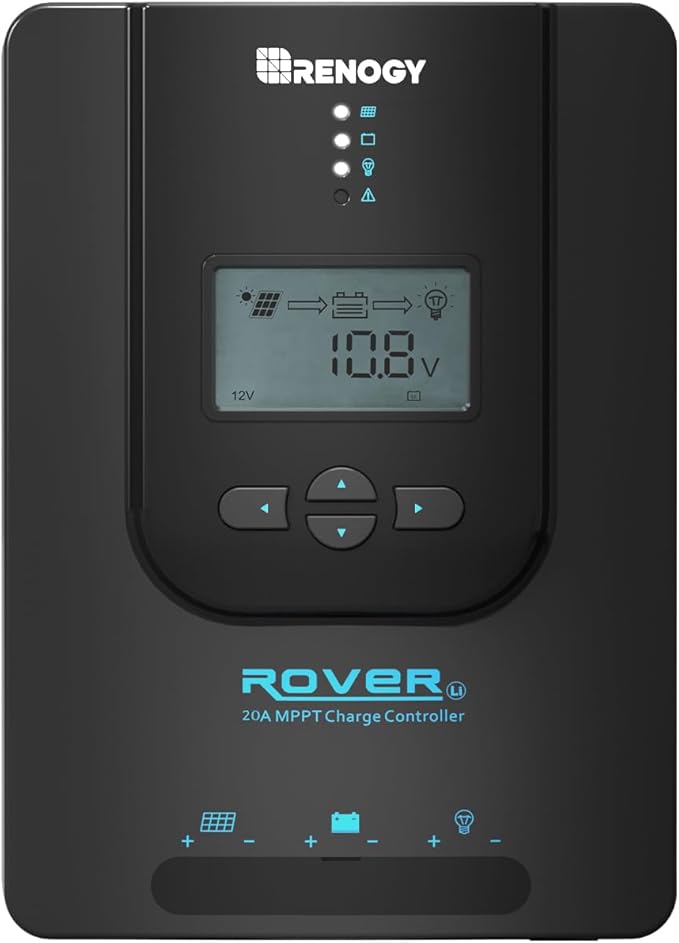 Renogy Charge Controller-Rover 20A MPPT 12V/24V Auto-Detect LCD Display | 99.9% Efficiency for Gel/Flooded/Lithium Batteries | Dual-Peak Tracking & Modbus Support