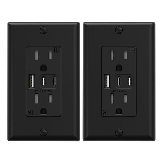 ELEGRP USB Outlets, 15 Amp Wall Outlet with 3 USB Ports, Dual USB C Ports Outlets, TR Tamper-Resistant USB Outlets Receptacles, Wall Plate Included, UL/CUL Listed, 2 Pack, Black