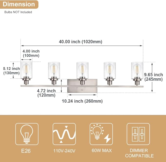 WINSHEN 40-Inches Length Bathroom Vanity Lighting Fixtures Over Mirror in Brushed Nickel, 5-Lights Industrial Sconce Wall Lamp with Seeded Glass Shades