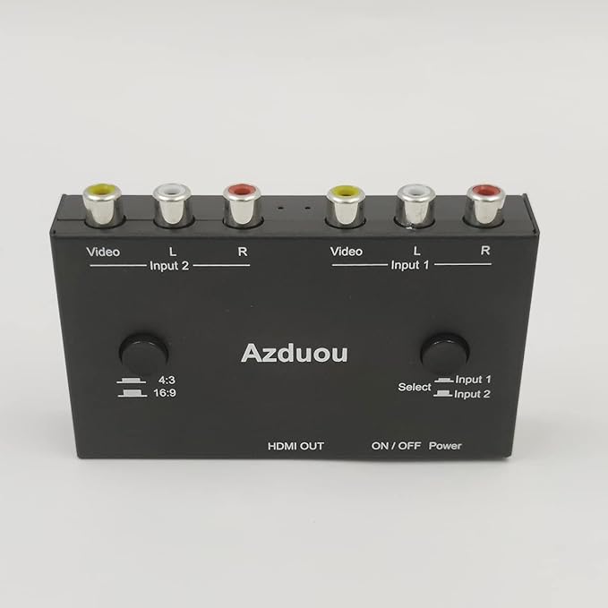 Azduou 2 AV to HDMI, 1080P/720P TV 2 Way RCA Composite CVBS AV Switch to HDMI Video Audio Converter Adapter Support 4:3/16:9 Switching, for Sega Xbox PS2 PS3 N64 NGC SNES WII VHS VCR Camera DVD