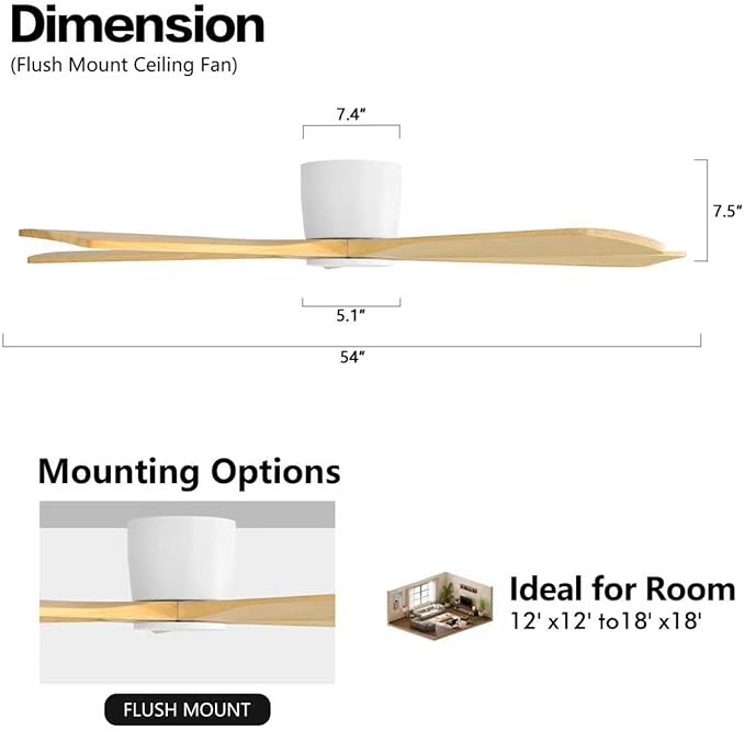 WINGBO 54" Flush Mount DC Ceiling Fans Without Lights, 5 Carved Solid Wood Blades, 6-Speed Reversible DC Motor, Low Profile Hugger Ceiling Fan No Lights for Living Room Bedroom Patio, White and Oak