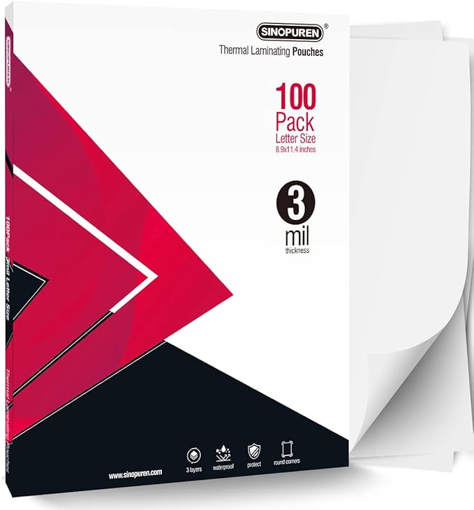 SINOPUREN Thermal Laminating Pouches, 3mil Laminating Sheets, 8.9x11.4 Inches, Letter Size, HeatSeal, Clear (100pack)