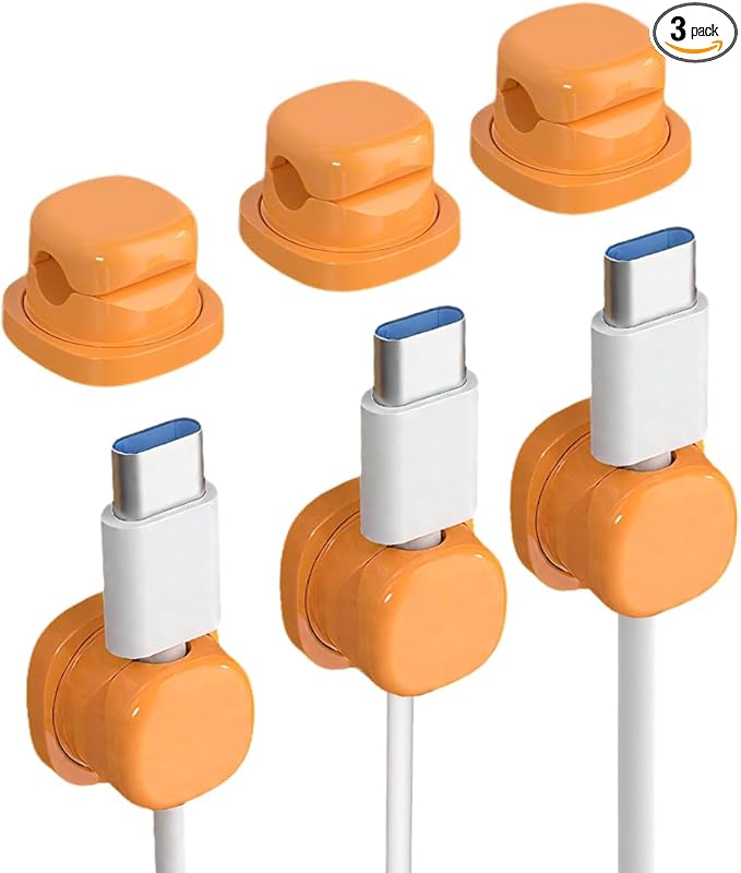 Magnetic Cord Organizer Holder, Upgrade Cord Holder for Nightstand, Adhesive Wire Cable Clips Management Kit for Phone Charger, Computer, Home, Office, Desk, Nightstand (Orange, 3 Packs)