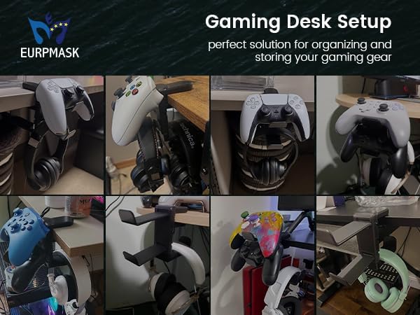 3in1 Rotating Headphone Holder - EURPMASK 3in1 PC Gaming Headset Holder w/Detachable Controller Holder, Adjustable Clamp-on Headset Stand,Headphone Hanger Hook Under Desk w/Cable Clip Organizer,Black