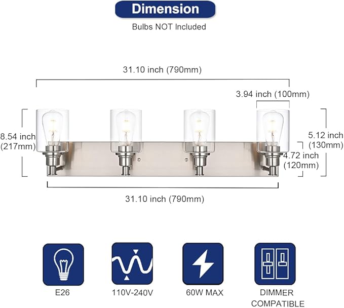 TODOLUZ Bathroom Vanity Light Fixtures, 4-Lights Modern Brushed Nickel Wall Mounted Lamp with Clear Glass Shade for Bedroom Over Mirror