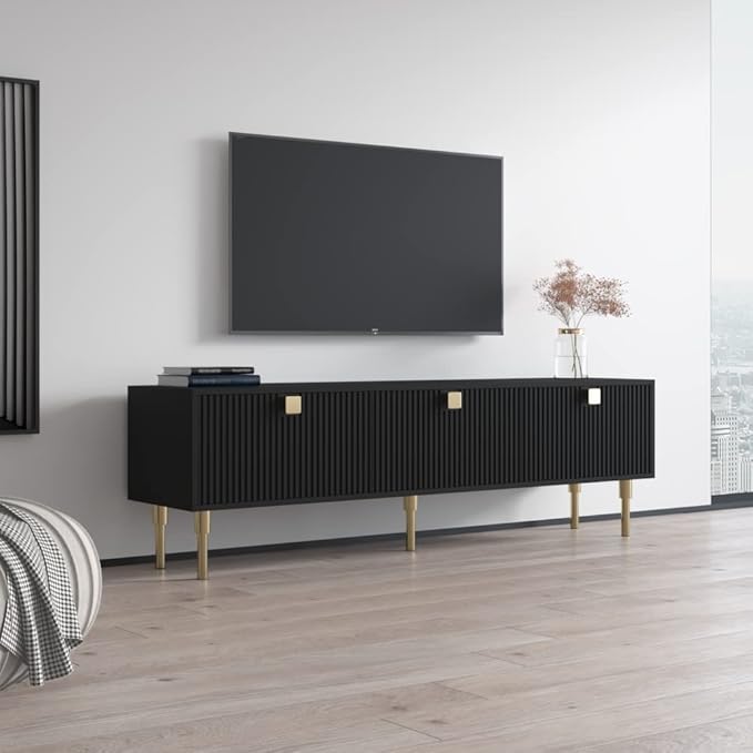 Meble Furniture Dorset 01 TV Stand - Modern Rectangular TV Stand with Storage Cabinets - Media Entertainment Center Console Table for TV Up to 80" - Black