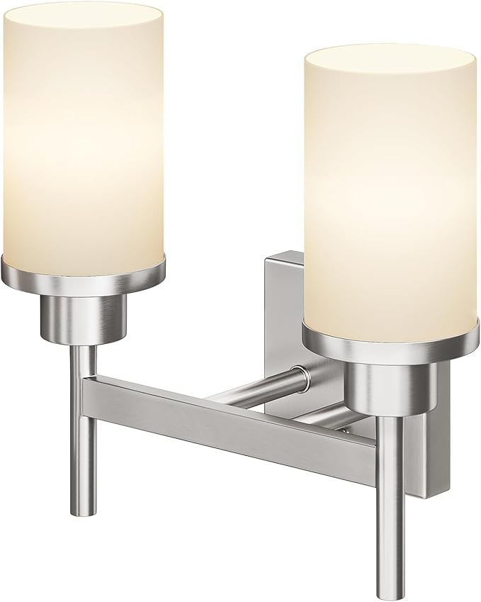 AONEON Bathroom Light Fixtures Brushed Nickel Vanity Lights with White Frosted Glass Shade, Double Wall Lamps for Mirror Kitchen Living Room Porch T001BR-L2