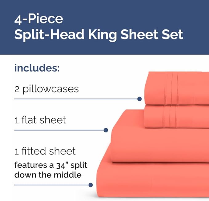 Split Head King Sheet Set – 4 Piece Flex Split Top King Sheets for Adjustable Beds - Fits 14” to 16" Mattress w/ Deep Pockets - Ultra-Soft, Breathable & Cooling - Luxury Bedding & Wrinkle Free - Coral