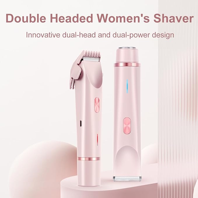 Bikini Trimmer for Women 2 in 1 Dual Head - IPX7 Waterproof Painless Electric Razors for Beauty, Pubic Hair, Face, Legs & Underarms– Portable Cordless Shaver with Fast Charging, Easy Cleaning (Pink)