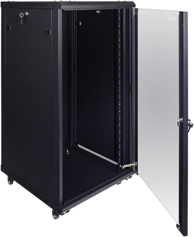 NavePoint 22U Server Cabinet Wall Mount Rack Enclosure with Caster Wheels, 2 Fans, Locking Glass Door, Removable Side Panels – 22U Network Cabinet 23.6” Deep, 19” Server Rack for A/V Equipment