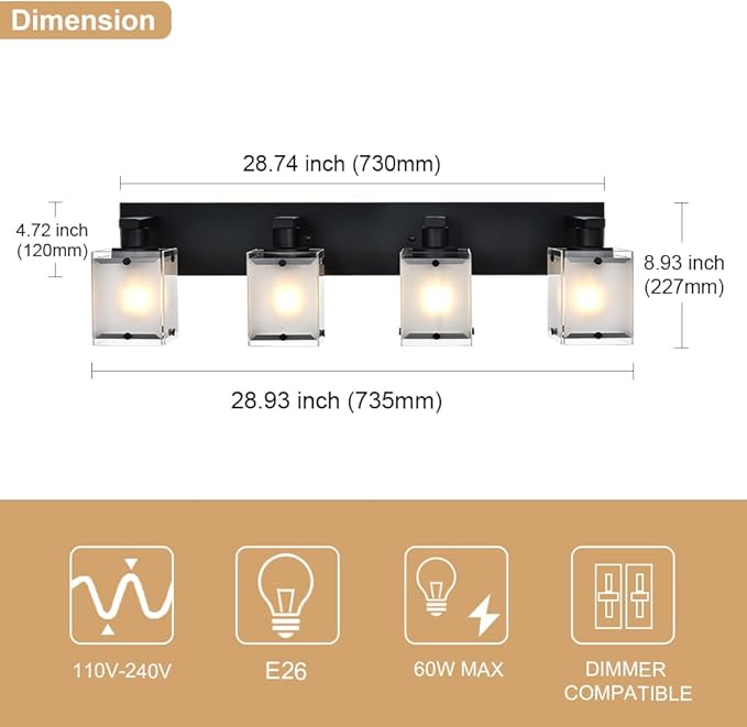 WINSHEN 4-Lights Bathroom Vanity Lighting Over Mirror, Black Bathroom Wall Light Fixtures with Frosted Rectangular Glass Shade for Bath Living Room, E26 Bulb Base