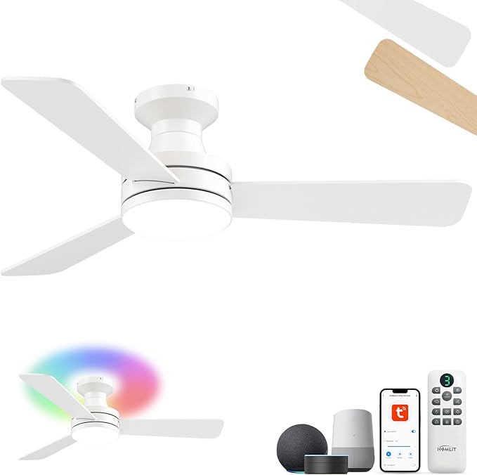 Homlit 42" RGB Ceiling Fan with Light, Music Sync Smart Fan with Alexa/Google/App Control, Low Profile Flush Mount, 6-Speed Quiet DC Motor, 4 CCT Dimmable Lighting for Bedroom Living Room, White